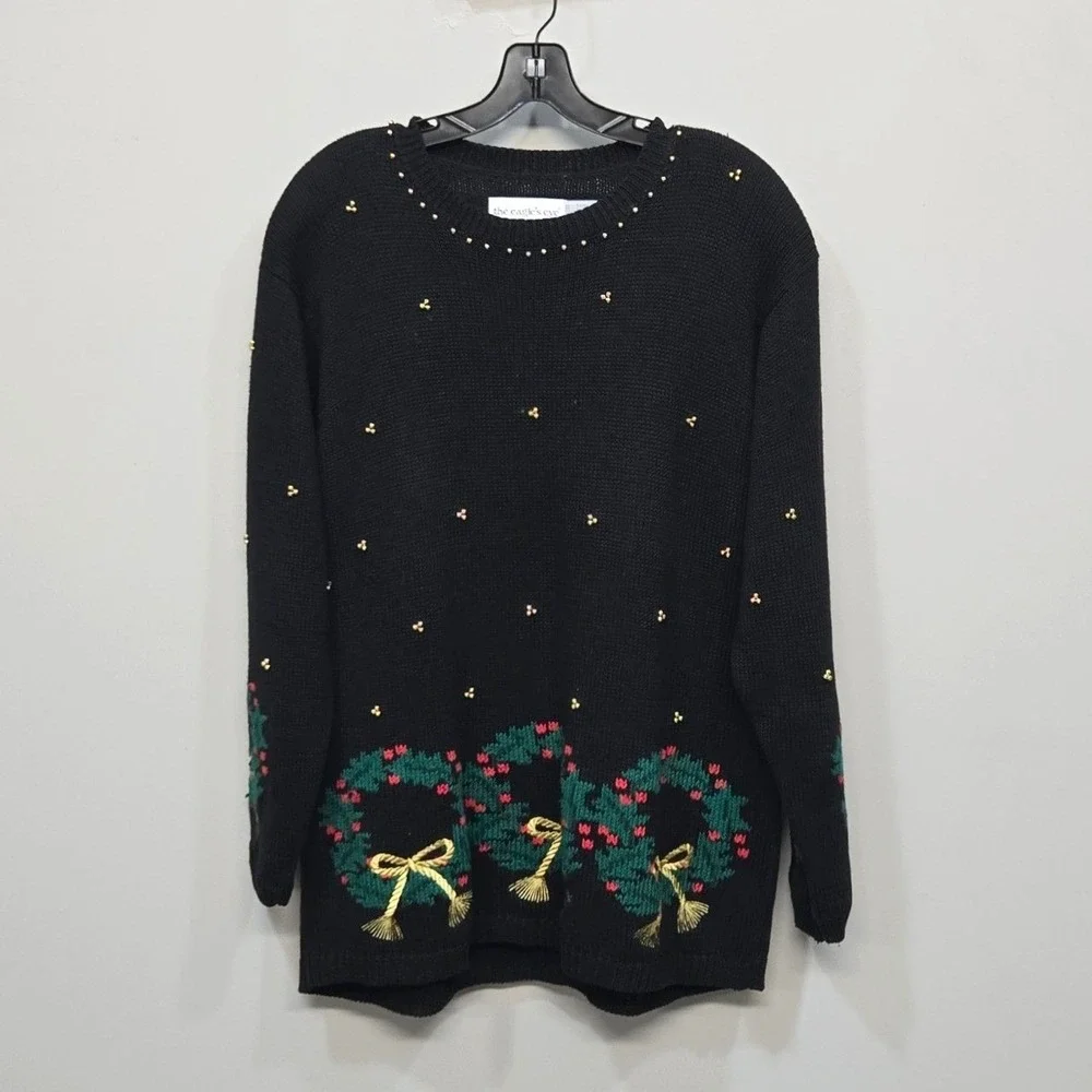 Vintage 1994 The Eagle's Eye Christmas Sweater Medium Ramie Cotton Beaded Wreath